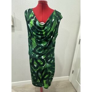 Green Abstract Print Sleeveless Dress Draped Cowl Neck Stylish